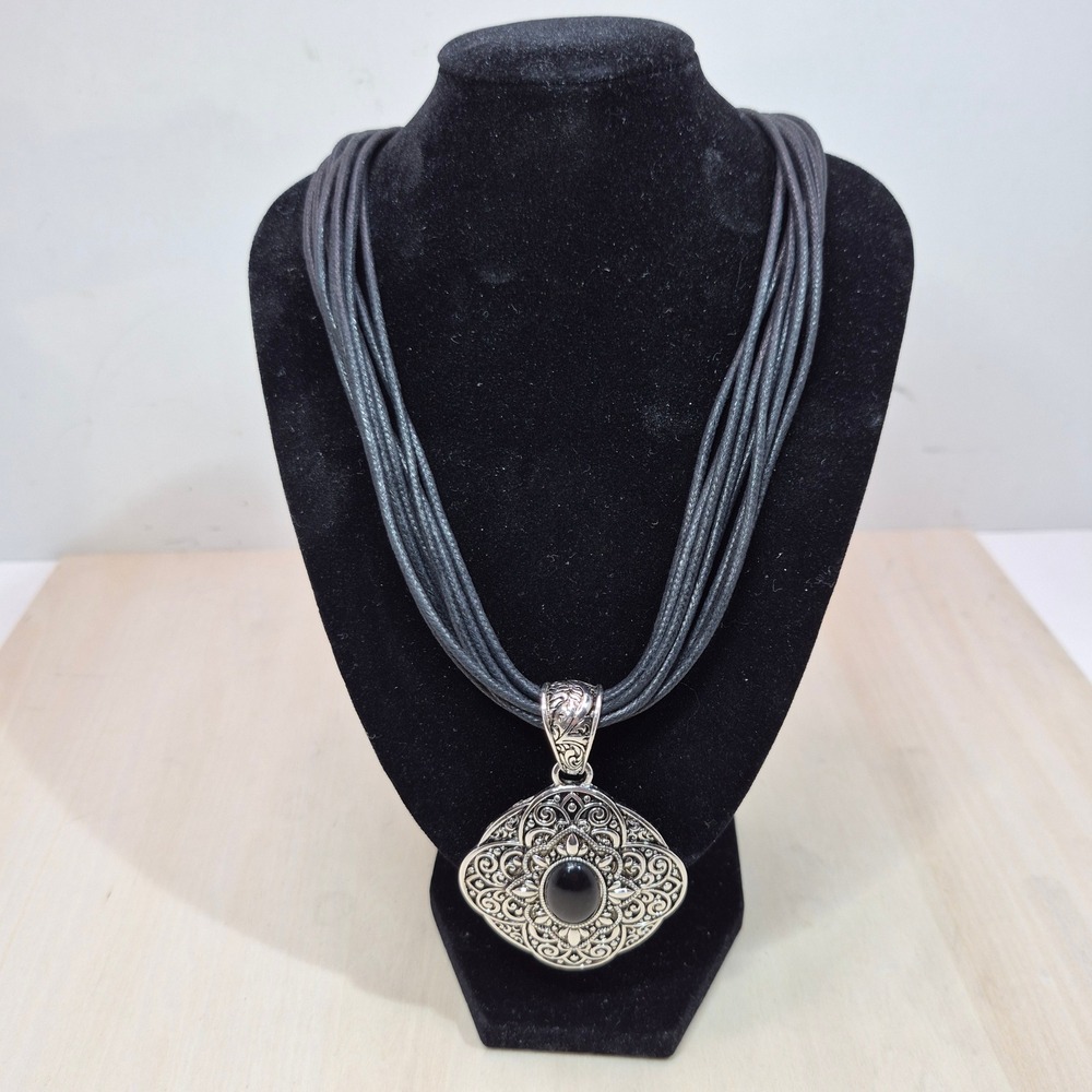 Boho Silver Tone Filigree Black Cabochon Multi Strand Cord Statement Necklace